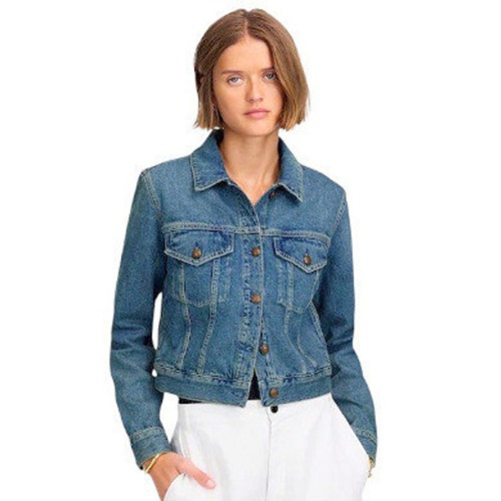 Madewell Shrunken Stretch Denim Jacket Medium Wash‎ Blue Jean Cropped Moto Small